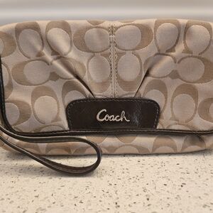 Coach Beige Signature Wristlet with Dark Brown Trim